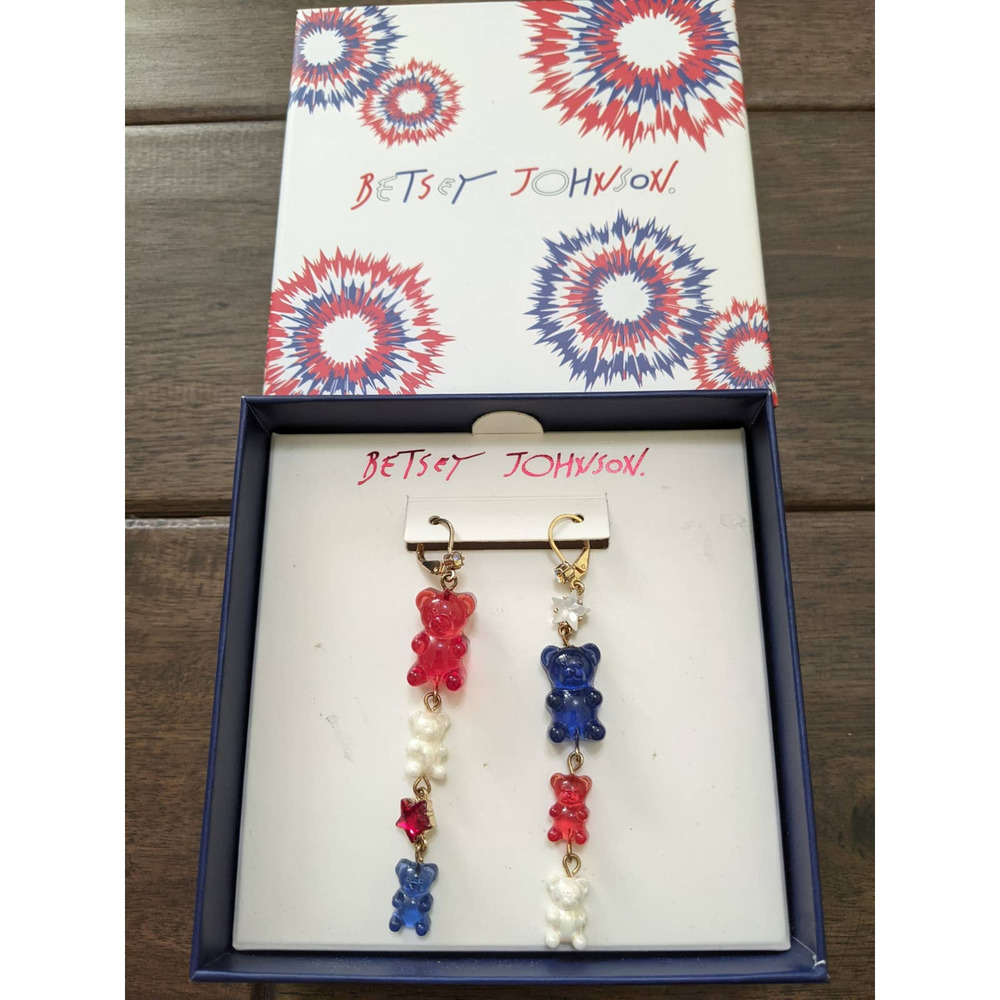 new Betsey Johnson patriotic patriot gummy bear earrings read white blue nwt - Picture 5 of 5